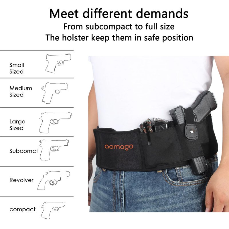 Aomago Belly Band Holsters for Men Women with Extra Mag Pouch - Small Adjustable Waistband, Gun Holster Fits Glock, Bodyguard 380, Taurus 1911, Sig Sauer, etc