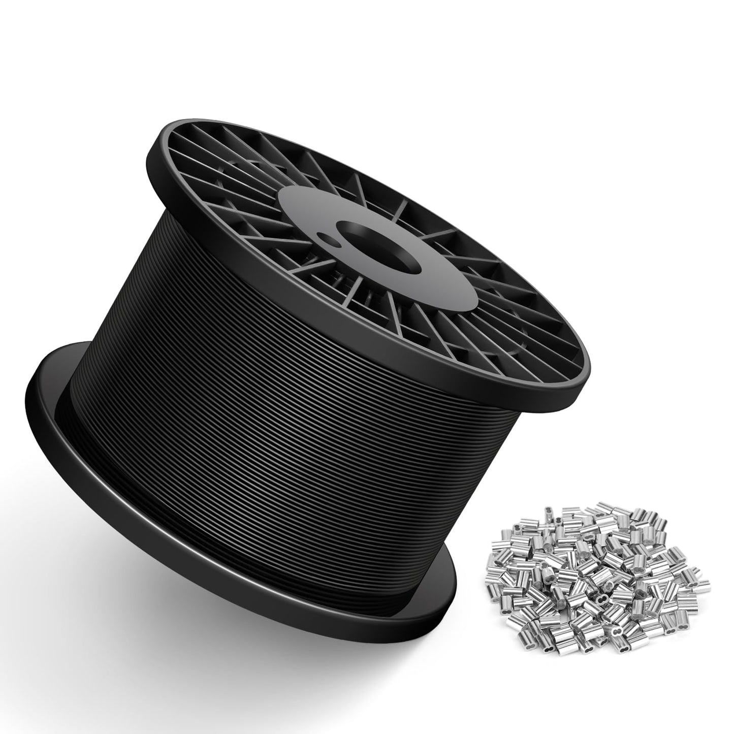 KALLSDY Black Vinyl Coated Wire Rope 1/16", 600FT 304 Stainless Steel Cable with 250PCS Aluminum Crimping Loop Sleeves for String Light Cable, Clotheslines, Trellis and Light Picuture Hanging
