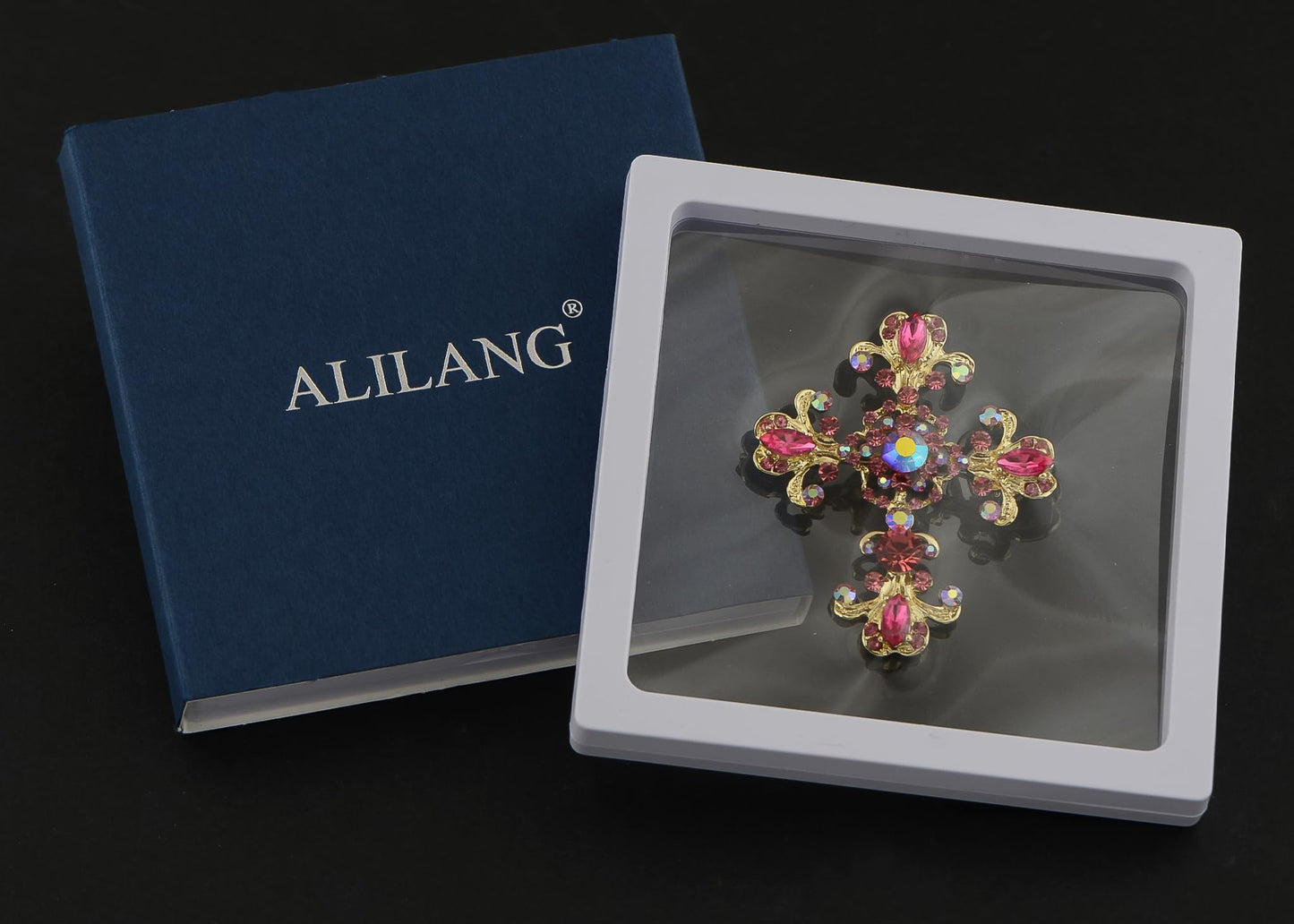 Alilang Roman Catholic Victorian Religion Christian Holy Cross Pink Rhinestones Pin Brooch With Pendant Loop, Pink/Gold