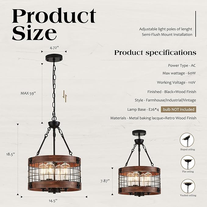 4-Light Farmhouse Drum Wood Pendant Light,14.5'' Vintage Rustic Brown Oak Wood Chandeliers,Retro Industrial Hanging Light Fixtures for Dining Room Entryway, Bedroom