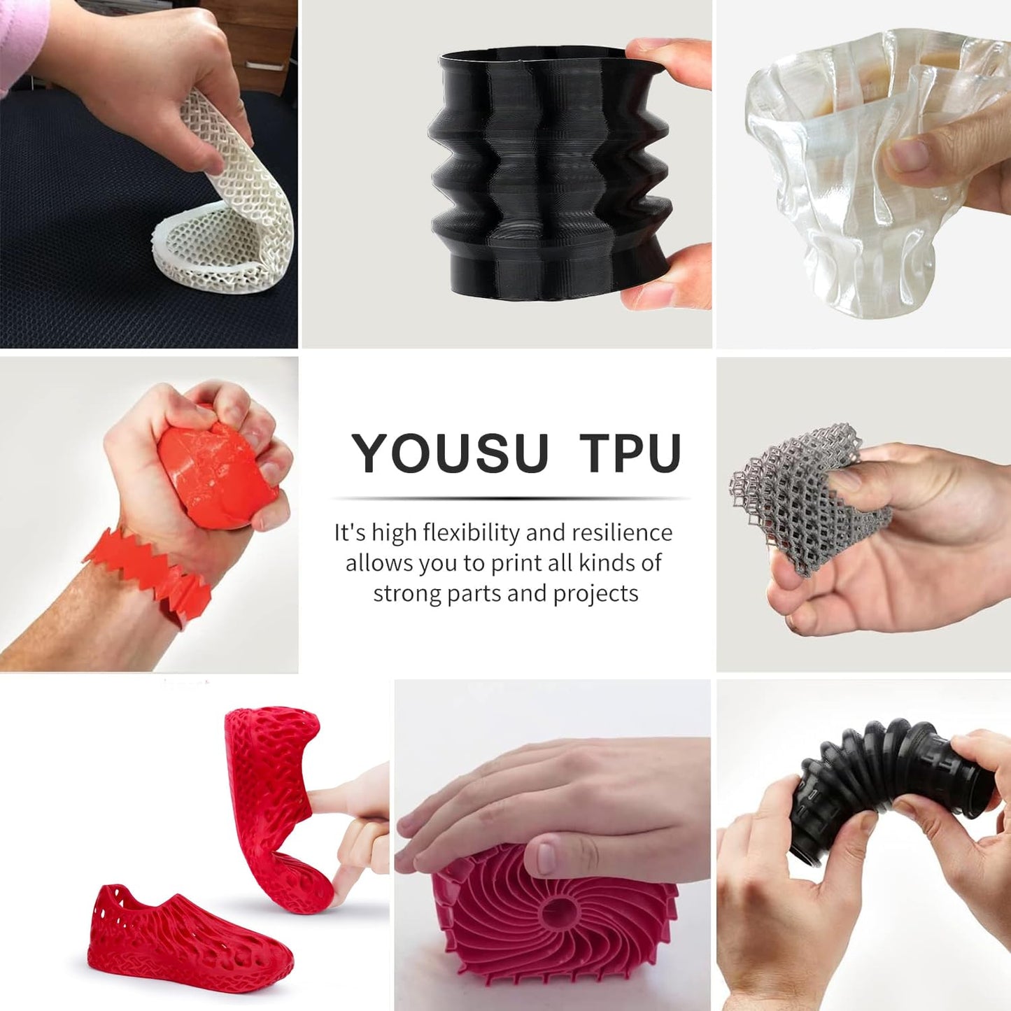 YOUSU Flexible TPU 3D Printer Filament， White TPU Filament 1.75mm 1kg, Dimensional Accuracy +/- 0.03 mm, 95A Shore Hardness and Good Layer bonding Performance.