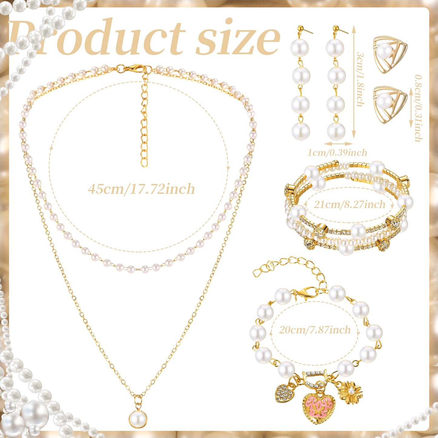 Glenmal Pearl Rhinestone Jewelry Set for Women Pearl Necklace Bracelet Earrings for Wedding Birthday Bridal Shower Tea Party(Stylish Style)