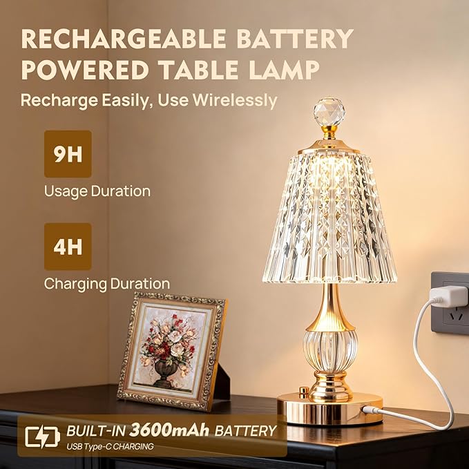 Vintage Gold Crystal Rechargeable Lamp Cordless, LED Touch Battery Operated Table Lamp, 3 Colors Dimmable Portable, Modern Home Decor, Bedroom, Bedside, Living Room, Kitchen, Diamond