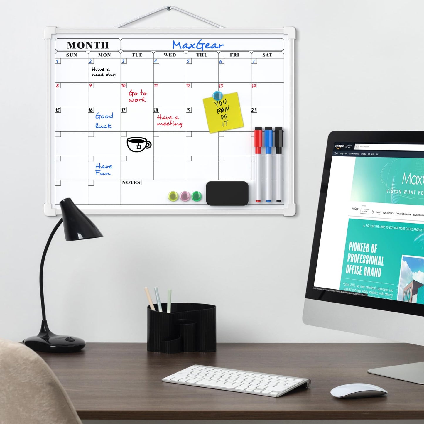 MaxGear Monthly Calendar Dry Erase Board for Wall, 16"x12" Small Hanging Double-Sided White Board, Portable Whiteboard for Planning, Drawing, Memo, to Do List, School, Home, Kitchen, Office