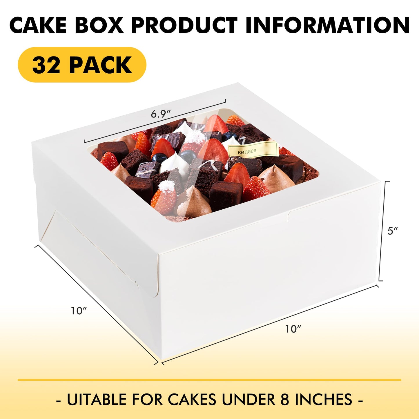 RACETOP 32pcs Cake Boxes with Window, 10x10x5 Inches White Bakery Boxes, Cookie Dessert Boxes, Pastry Box, Square Cardboard Cake Box for Cake, Birthday Party, Donuts, Wedding