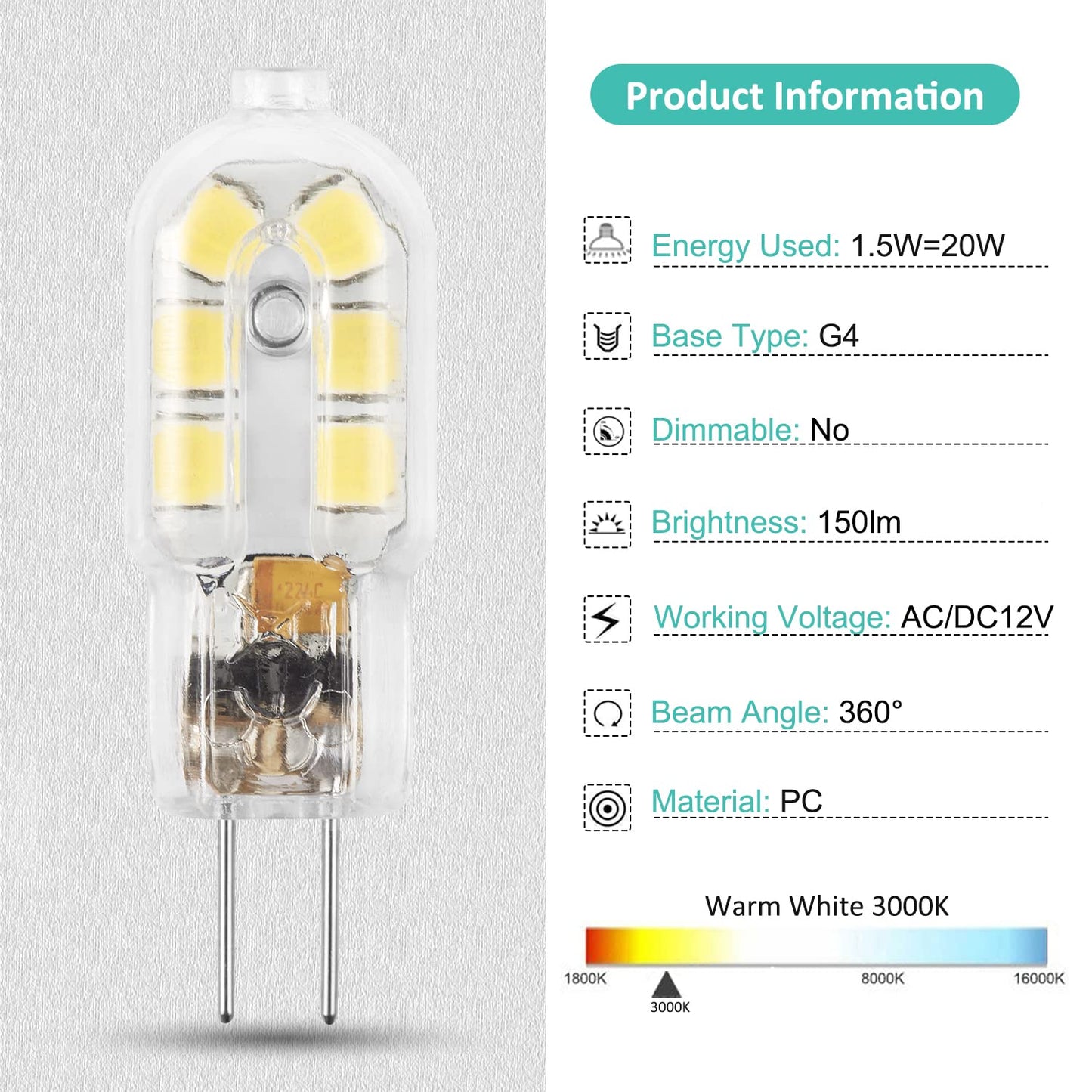 Amazing power G4 LED Bulb, 12V Bi Pin 20W Halogen Bulb Replacement, NOT Dimmable, Warm White 3000K, 10-Pack