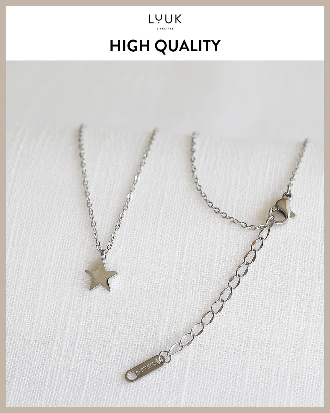 LUUK LIFESTYLE stainless steel ladies' necklace with star pendant and HAPPINESS gift card, elegant jewellery, 19” adjustable chain length friendship necklace, silver