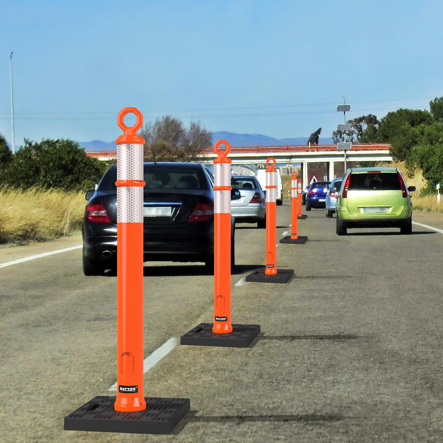 BATTIFE 3 Pack 42 Inch Orange Traffic Delineator Posts with Reflective Collars and Base, Safety Cones for Construction Zones and Driving Practice