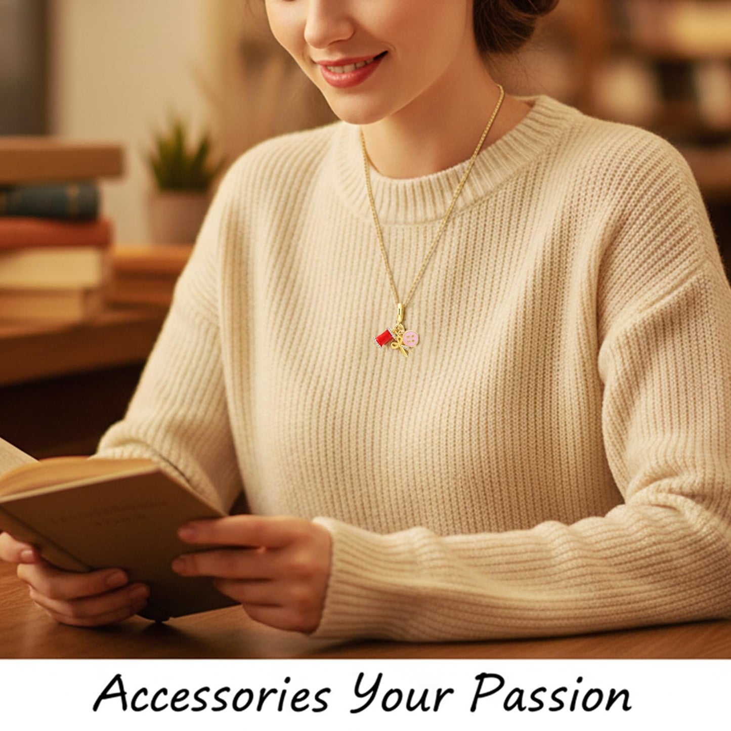 crataly Sewing Enamel Necklace For Women-Gold Plated Mini Wire Spool Button And Scissor Combination Necklace For Valentines Day Mother's Day Christmas Birthday Gifts