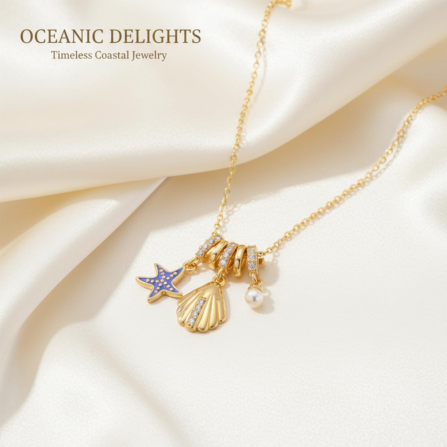 Blue Enamel Starfish And CZ Seashell Necklace For Women-Gold Plated Pearl Multi-Pendant Beachy Jewelry For Valentines Day Mother's Day Christmas Birthday Gifts