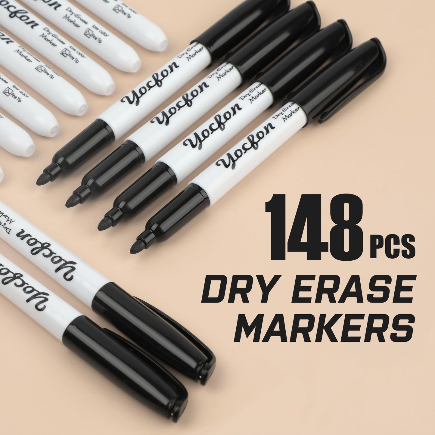 Yocfon Dry Erase Markers 148 Pack, Bulk Black Whiteboard Markers With Fine Tip, Low Odor Dry Erase Markers for School Office Home