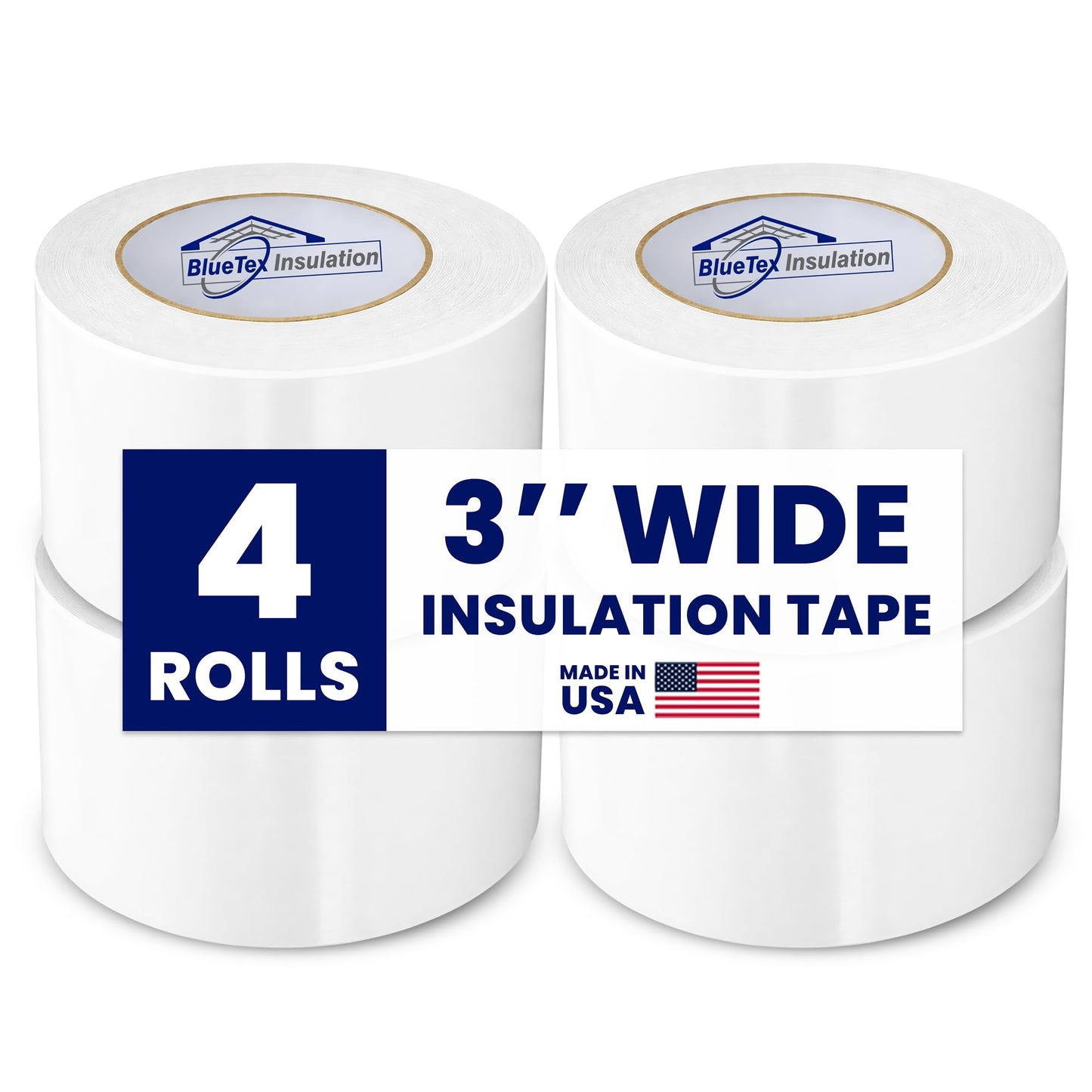 BlueTex Insulationㅤ3 Wide x 180' Long White Vapor Barrier Seam Tape - 4 Rolls Bulk Pack, Great for Crawlspaces, Waterproofing, Insulation Repairs, Underlayment Seams, Metal Building Insulation Seams