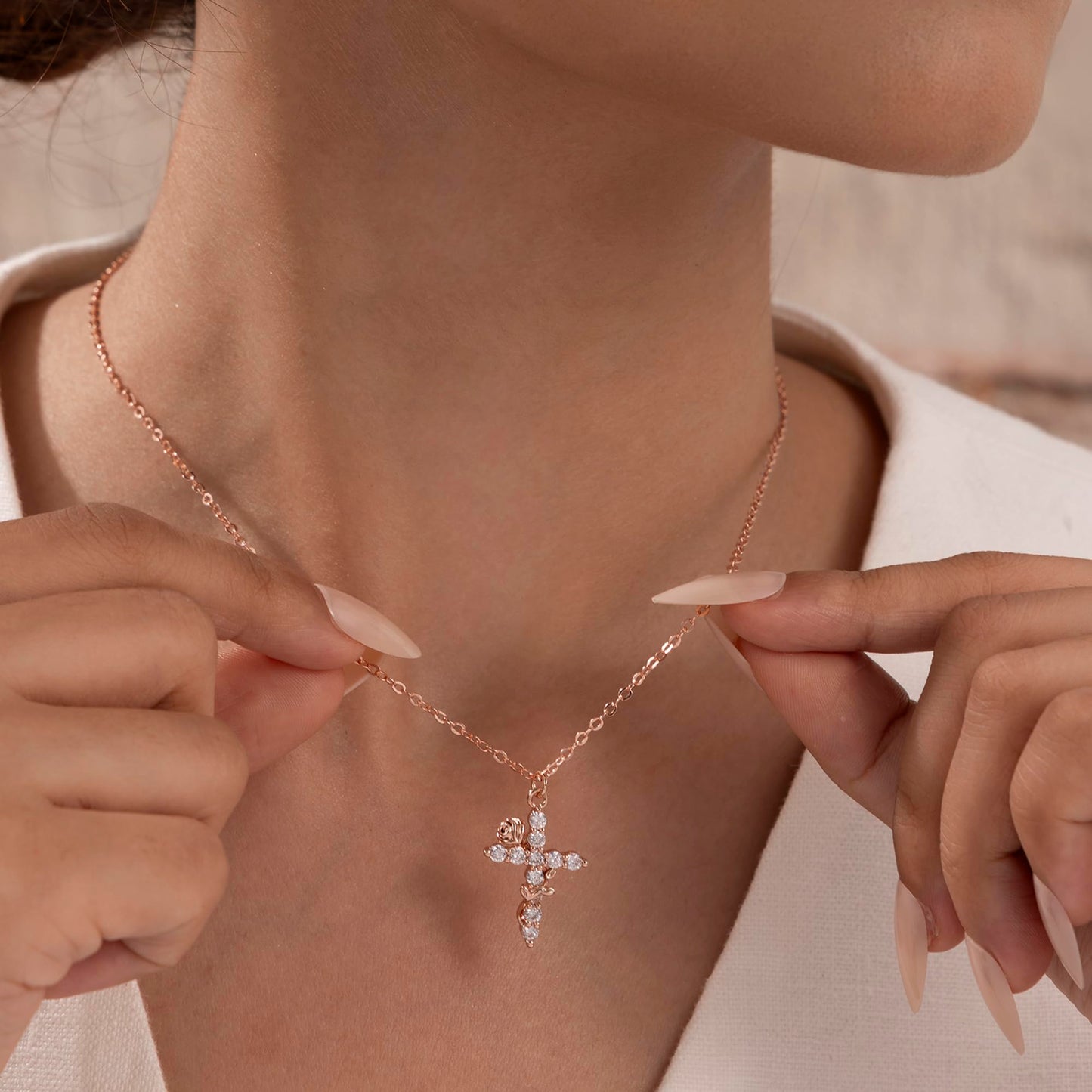 Robaice Easter Basket Stuffers Flower Cross Necklace for Women, Rose Gold Plated Dainty Cubic Zirconia Faith Cross Pendant, Christian Religious Jewelry Gifts