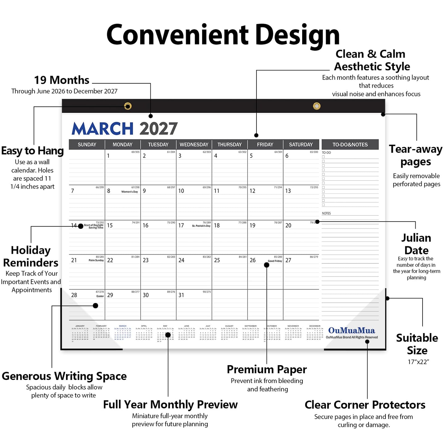 OuMuaMua Large Desk Calendar 2026-2027 - 19 Months from Jun. 2026 through Dec. 2027, 22 x 17 Inches Desktop Wall Calendar with Julian Date To-do & Notes, Corner Protectors for School Home Office