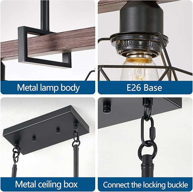 3-Light Vintage Industrial Pendant Light Over Table, Adjustable Hanging Light with Walnut Finish & Matte Black Metal Frame, E26 Base Modern Rustic Chandelier for Kitchen Island