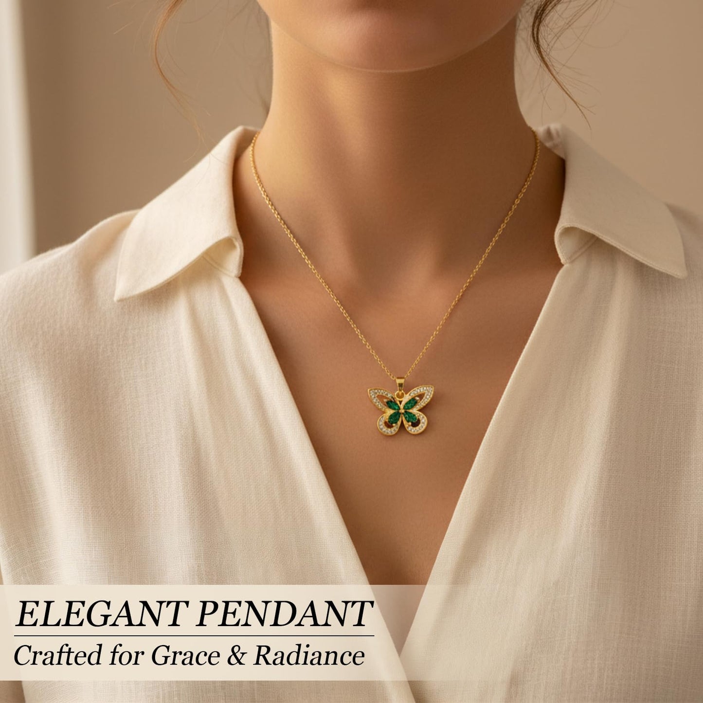 crataly Emerald Butterfly Necklace For Women-Gold Plated May Birthstone Necklace For Valentine's Day Mother's Day Christams Birthday Gifts