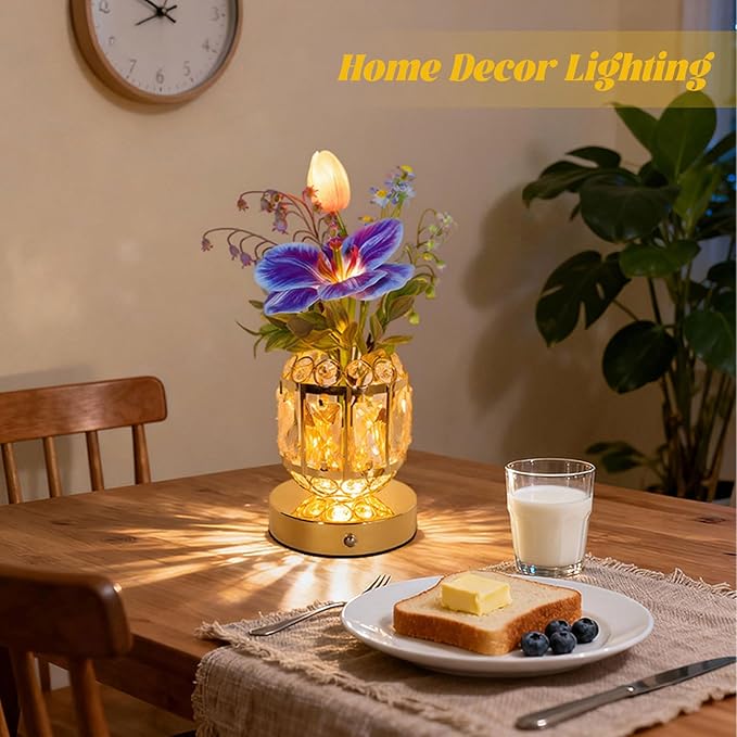 Flower Crystal Table Lamp, 3-Color Dimmable Small Night Light, Rechargeable Cordless Touch Lamp, Artificial Flowers Light for Bedroom Home Decor, Great Gifts for Mom Women Friends (Purple)