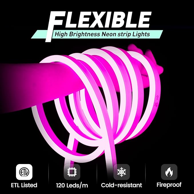 GZBtech Flexible LED Neon Rope Lights 50FT,AC 110-120V Waterproof Strip Light, 120 LEDs/M Cuttable Connectable Neon Lighting for Indoor Outdoor Home Decor/Commercial Building Use-Pink 15M, ETL Listed