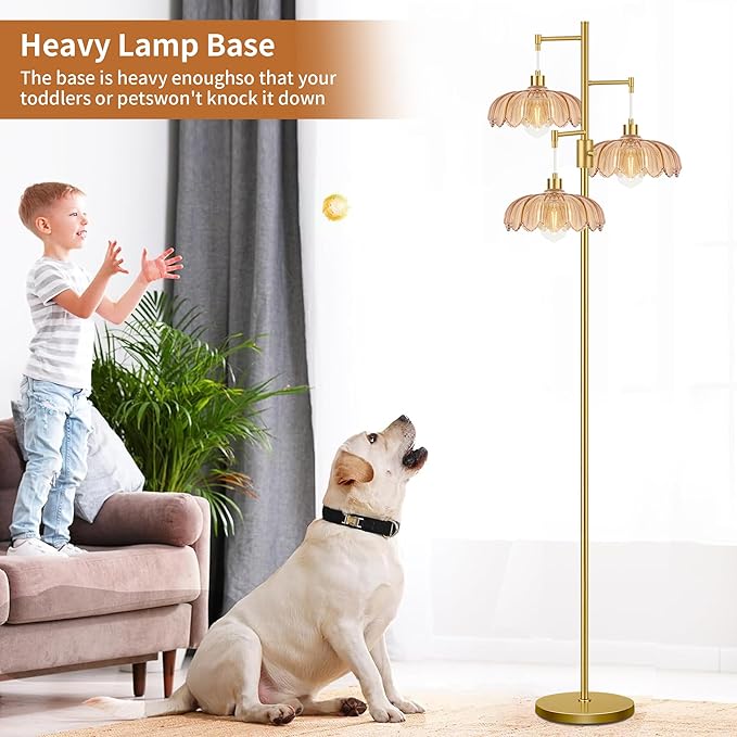 Gold Floor Lamps for Living Room Bedroom-3 Light Glass Floor Lamp with Three Led Bulb, Flower Tall Floor Lamp Dimmable Mid Century Modern Standing Lamp Vintage Tree Floor Lamps for Bedroom Corner