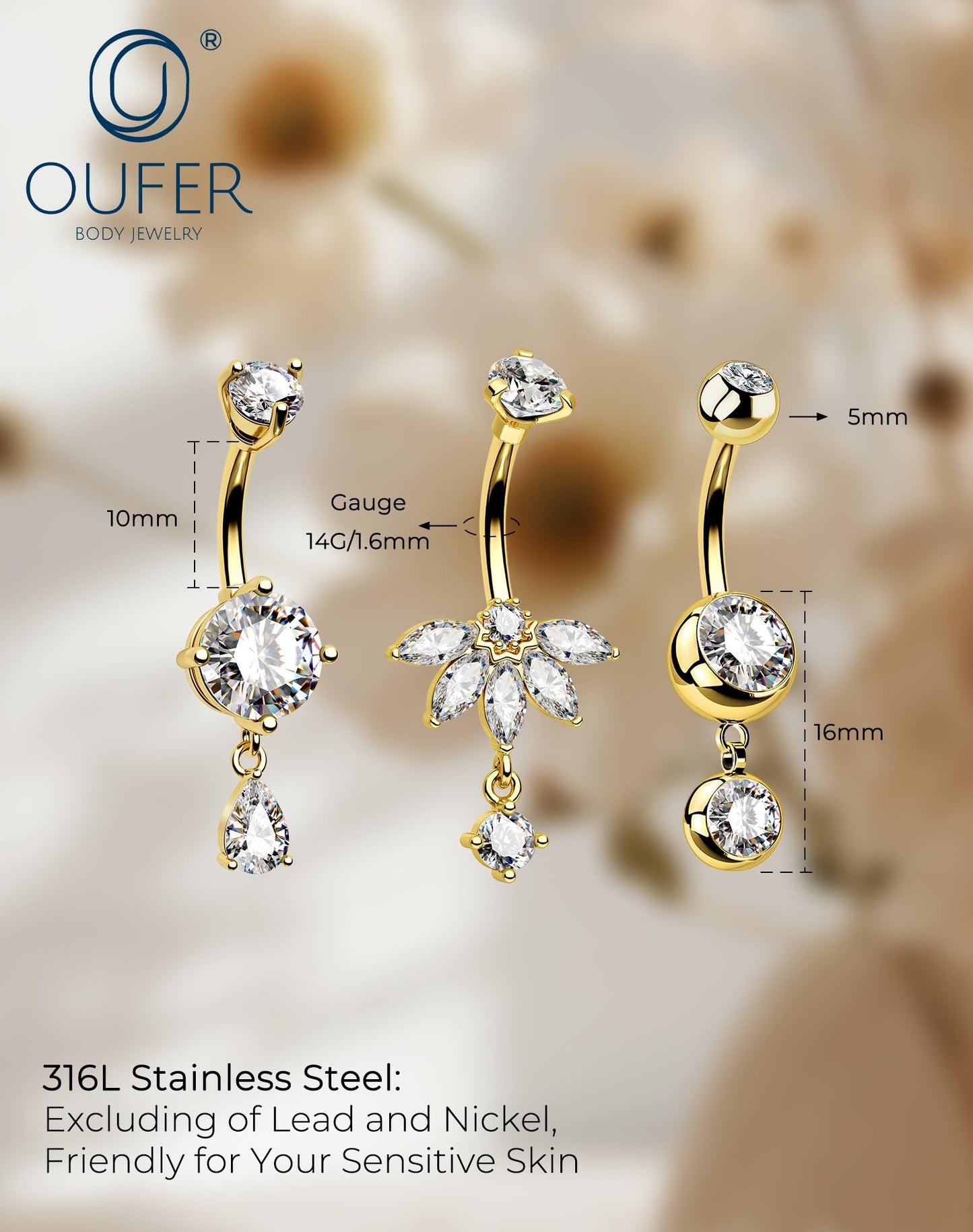 OUFER 3PCS Gold Dangle Belly Button Rings, 316L Surgical Steel Belly Rings for Women Dangling, 14G Flower Crystal Navel Piercing Jewelry, Clear CZ Curved Barbells