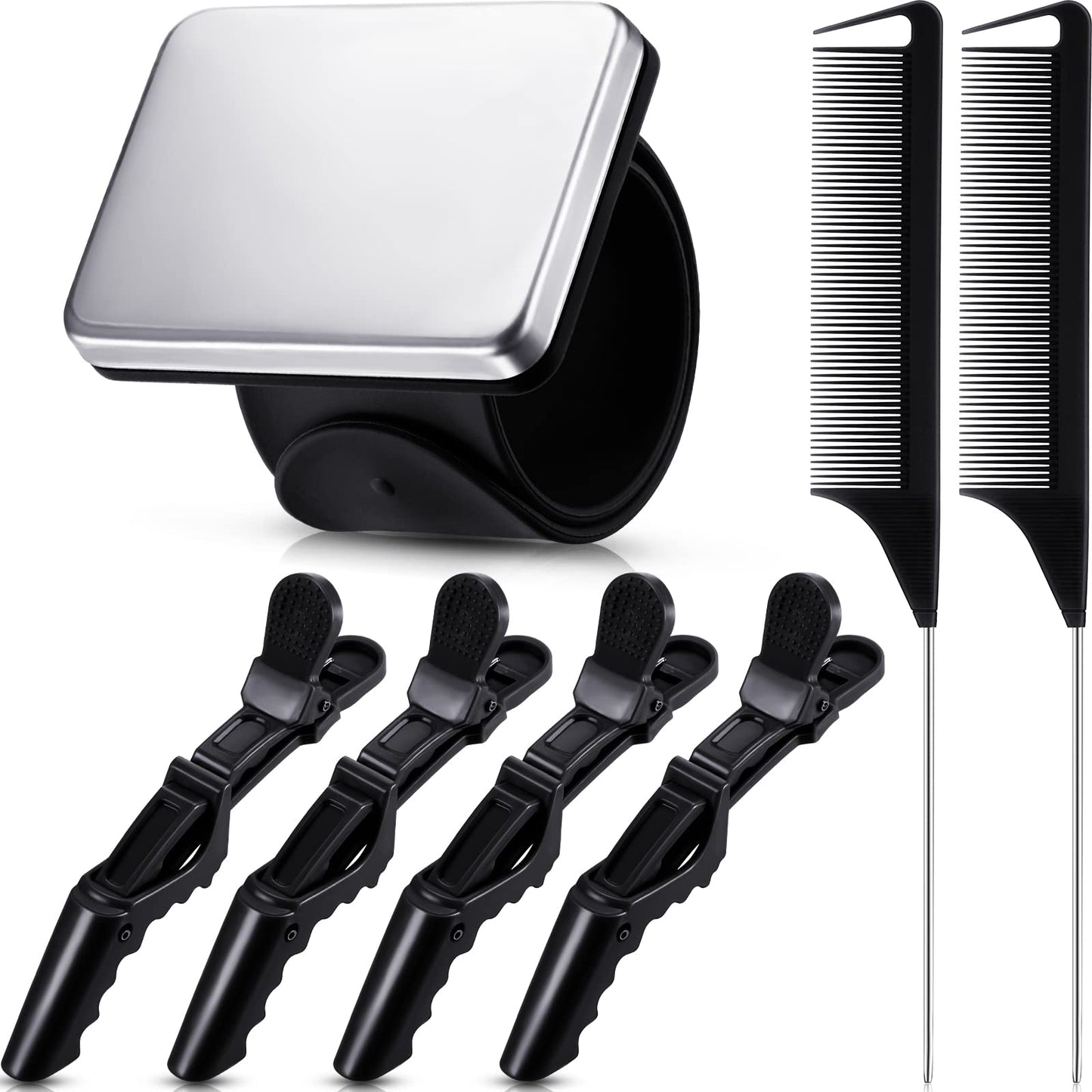 7 Pieces Hair Braiding Tools Magnetic Pin Wristband and 2 Pieces Stainless Steel Pintail Rat Tail Comb with 4 Wide Teeth Alligator Sectioning Hair Clip for Braid Tool Braid Maker(Black)