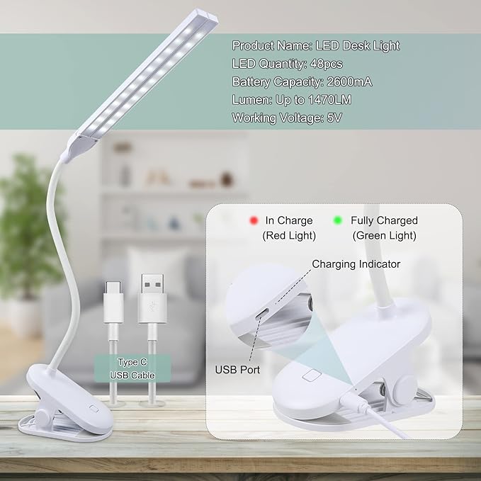 deaunbr LED Reading Light with Clip, Desk Lamp 48 LEDs 2600mAh Battery USB Rechargeable Book Lights Stepless Adjustable Brightness Eye Protection Flexible Table Lamps for Bed Headboard, Home, Office