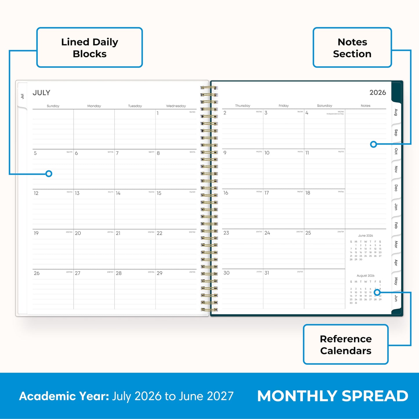 Blue Sky 2026-2027 Weekly and Monthly Academic Year Planner Calendar, July 2026 - June 2027, 8.5" x 11", Flexible Cover, Wirebound, Storage Pocket, Laminated Tabs, Greta