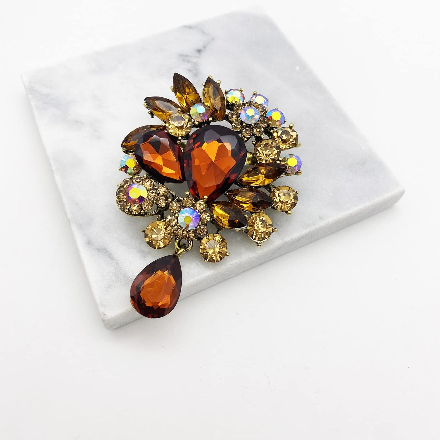 LAXPICOL Vintage Wedding Bridal Big Brown Crystal Rhinestone Tear drop Brooch Pin for Women