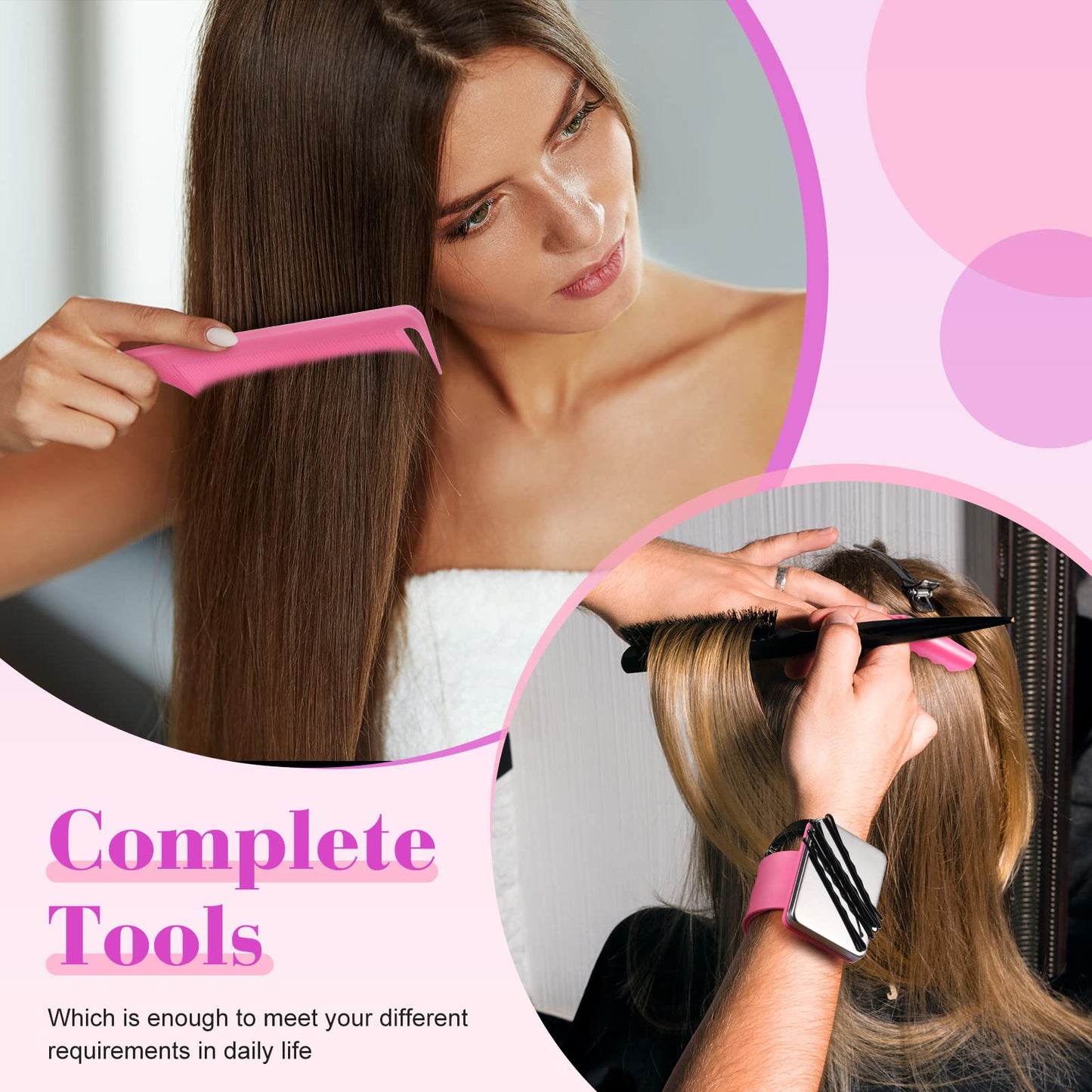 7 Pieces Hair Braiding Tools Magnetic Pin Wristband and 2 Pieces Stainless Steel Pintail Rat Tail Comb with 4 Wide Teeth Alligator Sectioning Hair Clip for Braid Tool Braid Maker(Pink)