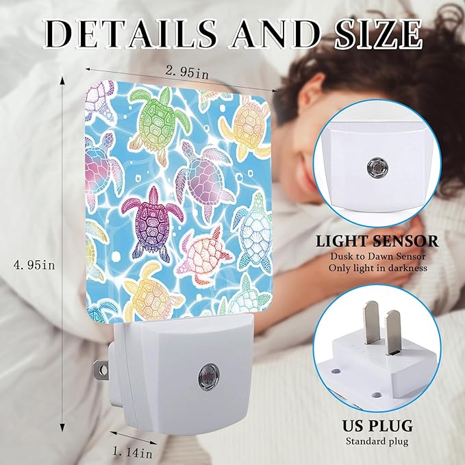 Colorful Turtle Night Light, Plug-into Wall Sea Nightlight Lamp with Dusk to Dawn Sensor, Led Lamp 0.5W Energy Efficient for Boys Girls Adults Home Decor