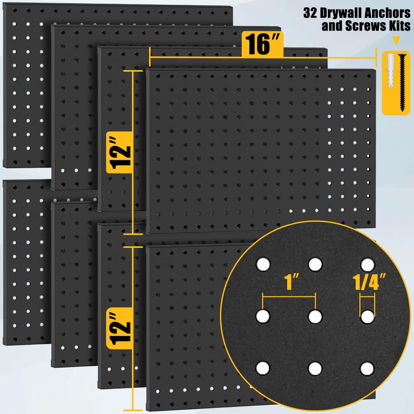 PBHEPJ 8 Pcs Metal Pegboard Panels, Heavy Duty Peg Boards for Garage and Garden Tool Storage, Includes Drywall Anchors and Screws Kits, Black (8 pcs 16in x 12in)