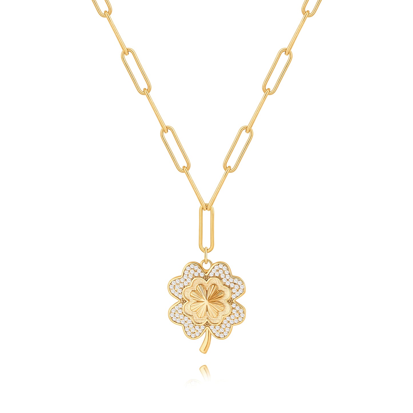 PEARLADA Dainty Four Leaf Clover Necklace, 18k Gold Plated Paperclip Necklace for Women, Cubic Zirconia Lucky Charm Jewelry