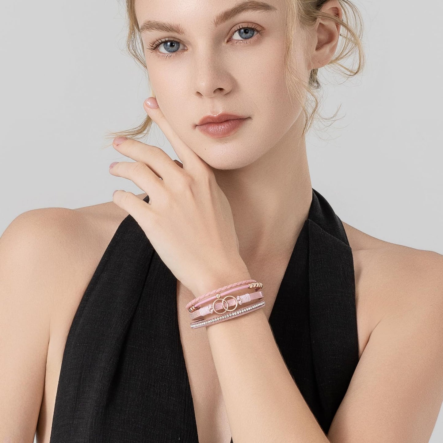 FANCY SHINY Boho Leather Wrap Bracelet Stackable Beaded Infinity Chunky Cuff Bracelets with Magnetic Clasp Western Hippie Outfits Jewelry Gifts for Women(Pink)