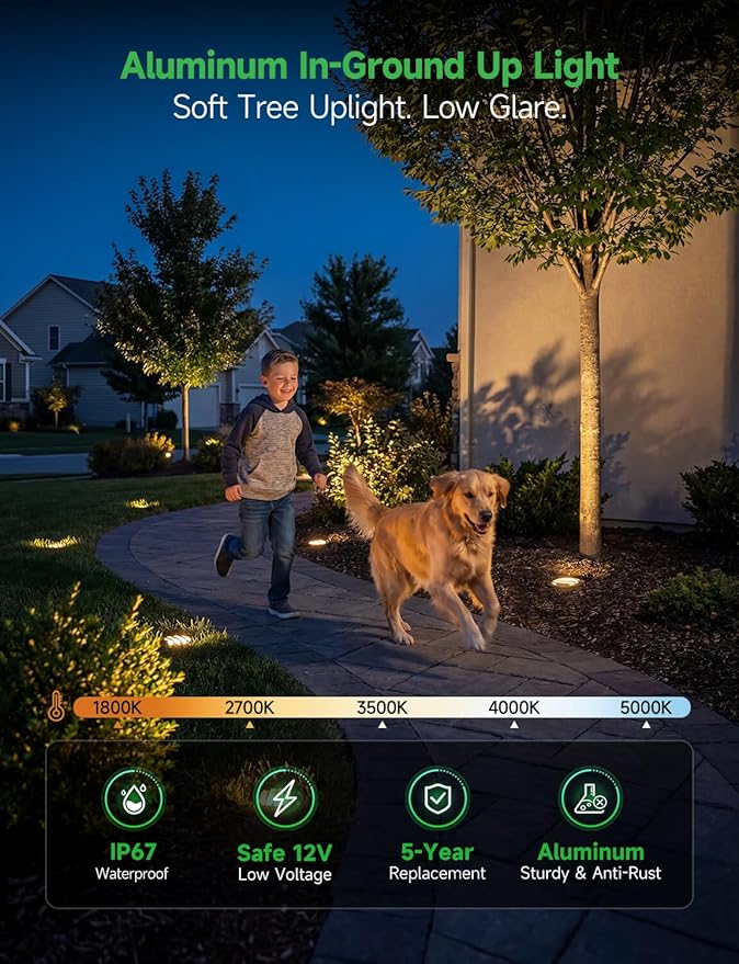 Landscape Well Light Kit, 8 Pack Low Voltage In Ground Lights and 100W Transformer and 100FT Cable and 30 Wire Connectors, IP67 Waterproof Outdoor, Grill Top Aluminum for Path Tree