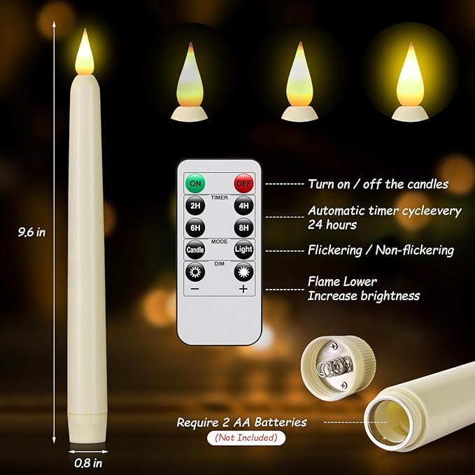 Flameless Taper Candles with Remote Control and Timer, Battery Operated LED Candlesticks with Flickering 3D Flame, 9.6×0.8 Inches Plastic Fake Candles for Christmas, Wedding and Home Decor (Ivory, 15)