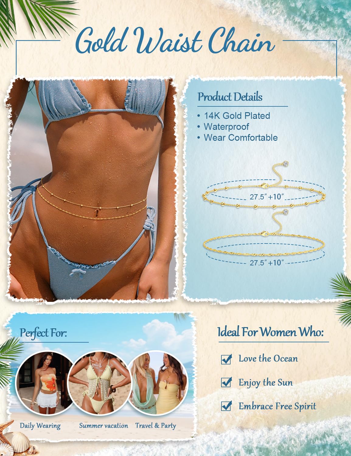 HEVOCY Gold Waist Chain for Women, Trendy Layered Belly Chain Jewelry, Adjustable Body Chain for Beach & Summer Outfit