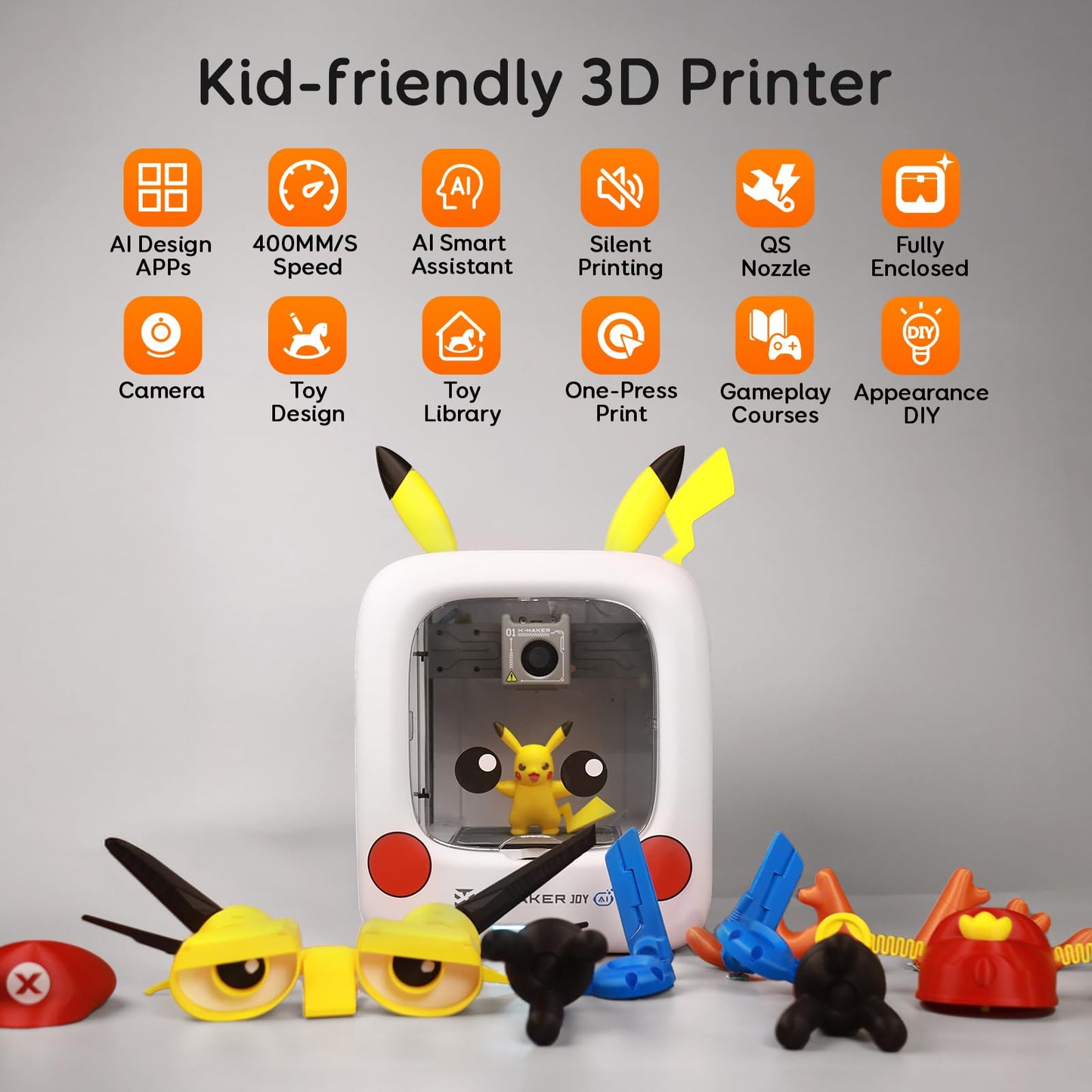 AOSEED 3D Printer for Kids, Fully Assembled AI 3D Printer with 1500+ Models & 17+ Modules, 400mm/s High Speed, Auto Leveling, STEM Toy Gift with 8 PLA Filaments for Home & School, X-Maker Joy AI+