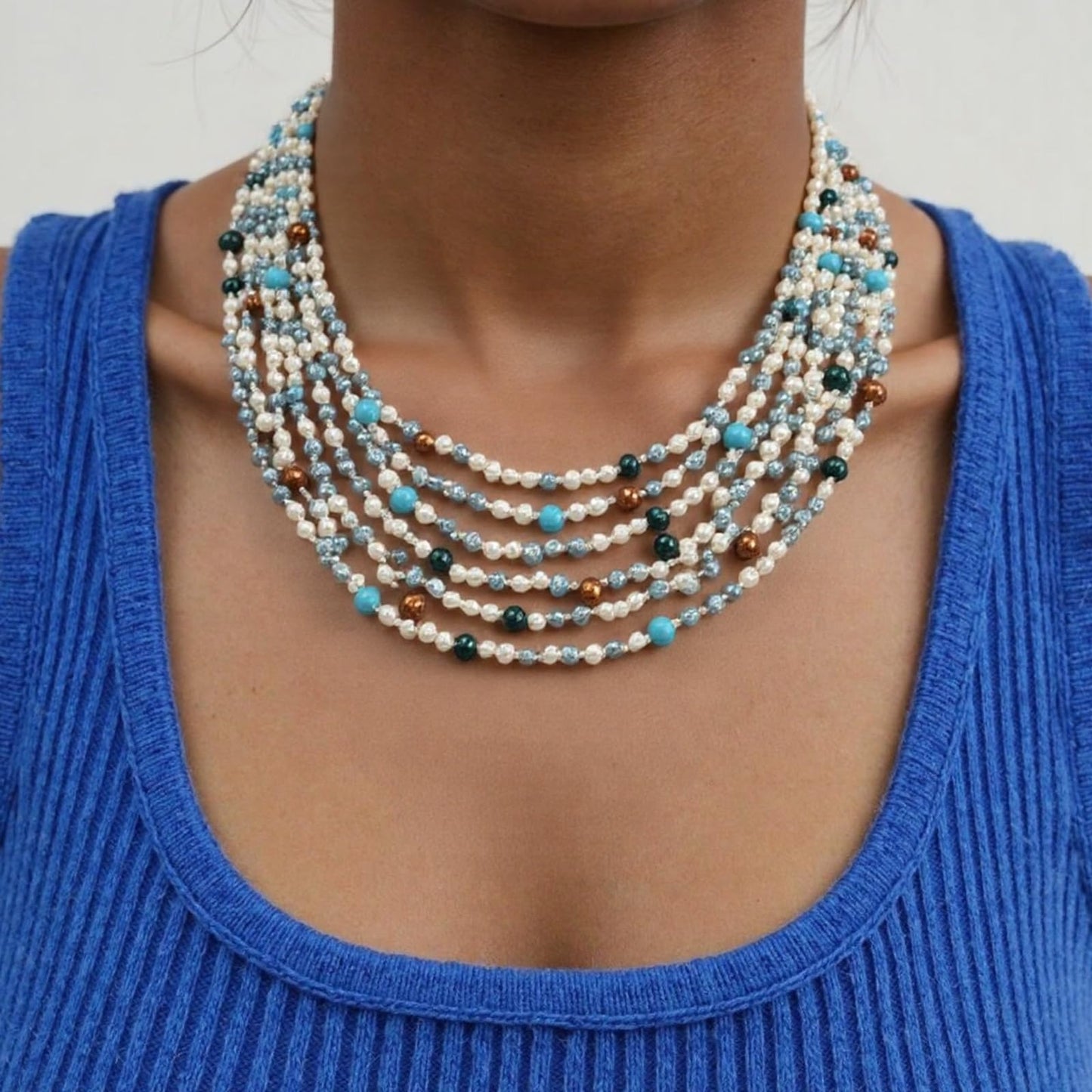 Handmade BOHO Freshwater Pearl Necklace - Pearl Clasp with 4-5mm Multicolor Round Pearls, 20" with Turquoise Multiple Strands Baroque Luxury Jewelry Gift