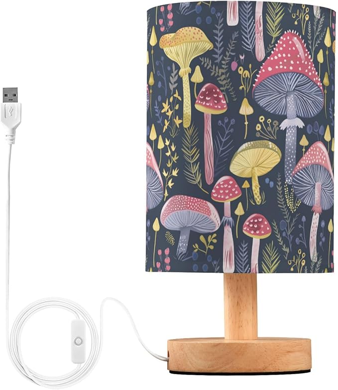 Fustylead Boho Mushroom Navy Blue Table Lamp for Bedroom USB Port Lamps Small Accent Table Lamp Nightstand Lamp Sturdy Linen Shade Wooden Base Decorative Lamps for Bedside Reading|Kids|Dorm|Home