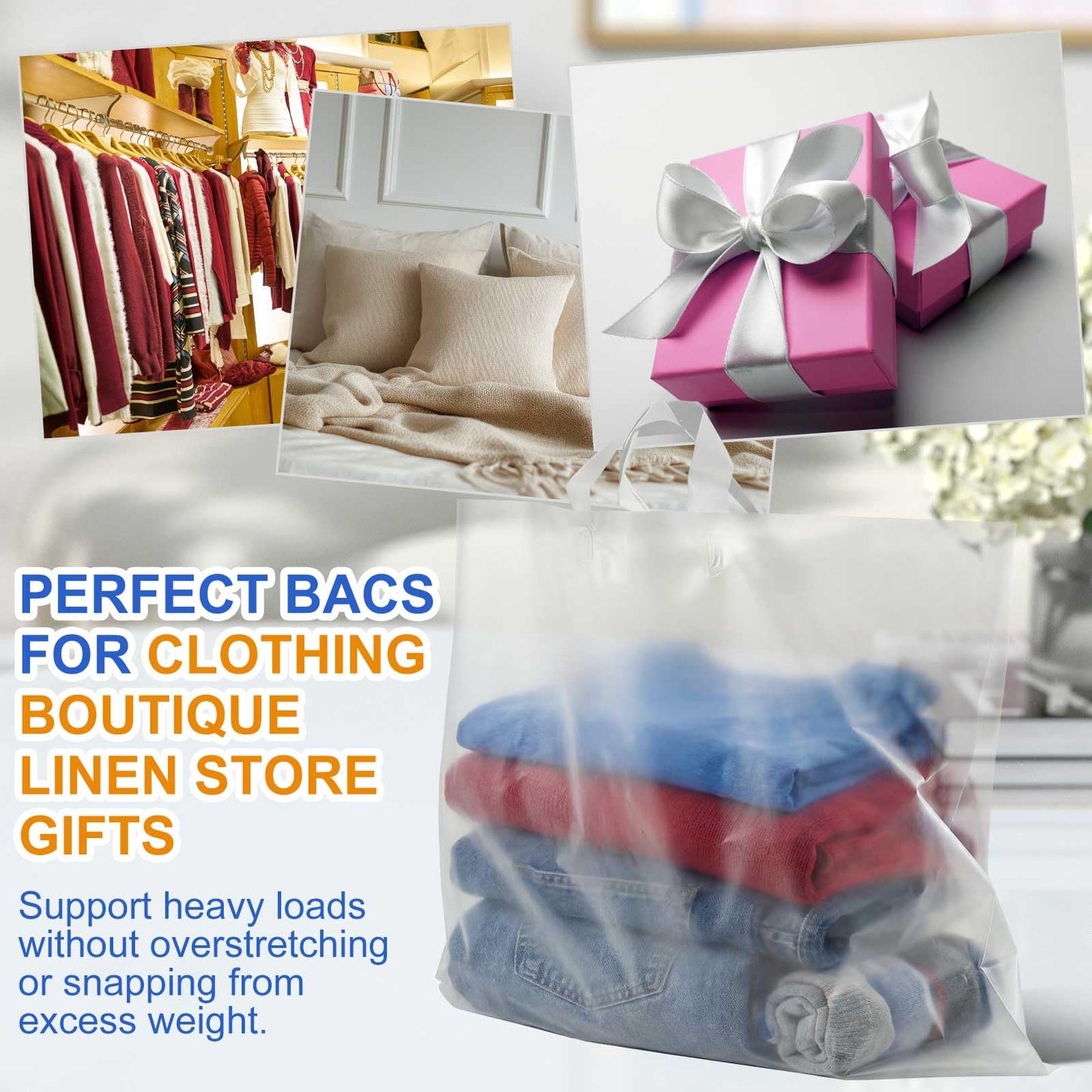 Qilery 100 Pack 24" x 24" Large Clear Plastic Shopping Bags with Handles Reusable Merchandise Gift Bags Bulk for Small Business Merchandise Retail Grocery Packaging Gift Giving