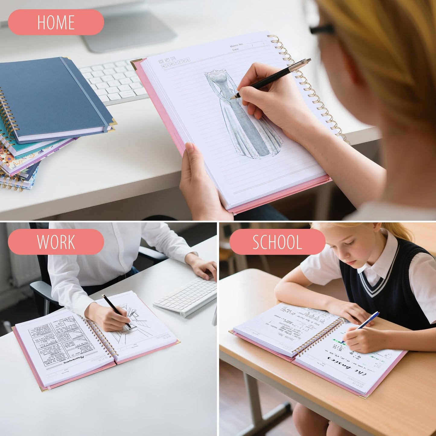 Kutoda Lined Spiral Notebooks for Work, 300 Pages Leather 8.5 * 11 College Ruled journals for Writing, Hardcover Notebooks for Note Taking, Perfect for Office Home School Supplies(Pink)