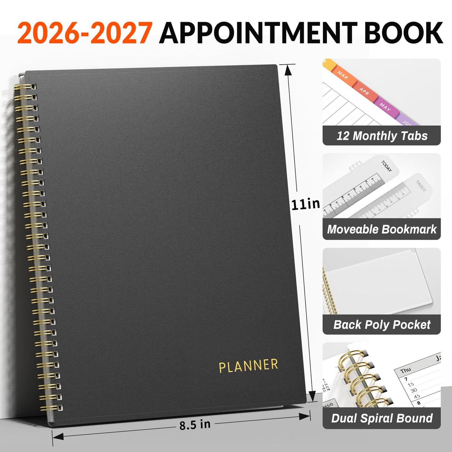 SUNEE 2026-2027 Appointment Book, Quarter-Hourly, Weekly & Monthly - from July 2026 to June 2027, 8.5"x11" Academic Planner, Flexible Cover, Note Pages, Bookmark, Spiral Binding, Black