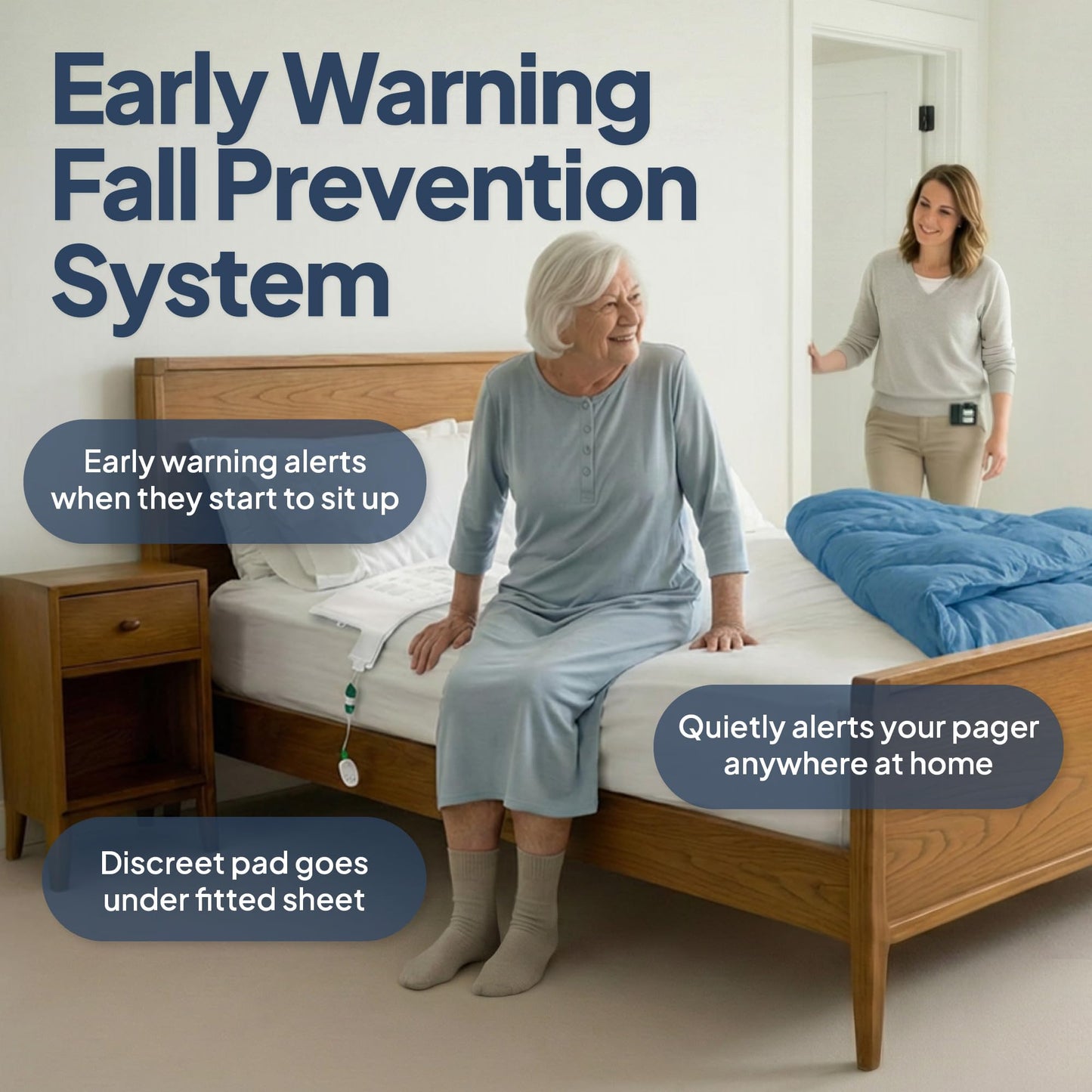 Smart Caregiver Bed Exit Alarm with Wireless Pager - Early Alert Fall Prevention for Seniors and Elderly - Weight Sensing Bed Pad Alerts Caregiver When They Get Up - USA Company and Customer Service