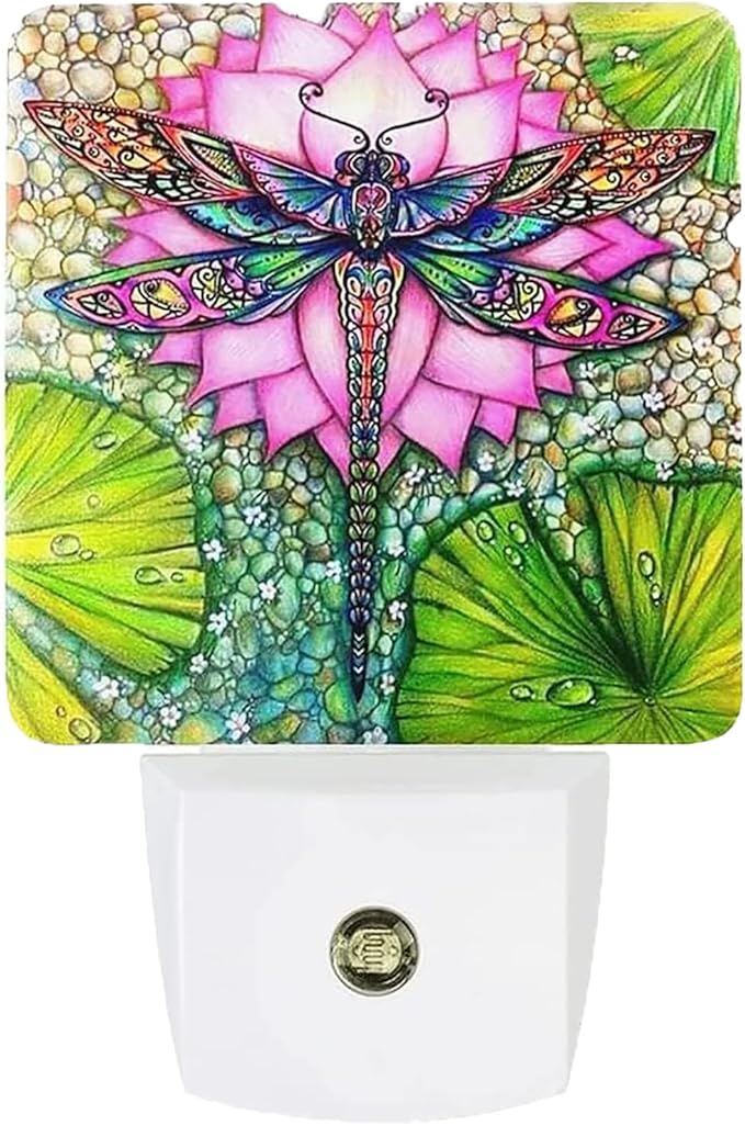 Dragonfly And lotus flower Plug-in LED Night Light,Smart Auto Dusk to Dawn Sensor Nightlights Plug into Wall,White Energy Efficient Night light for Kids Bedroom,Bathroom,Kitchen,Stairs,Hallway