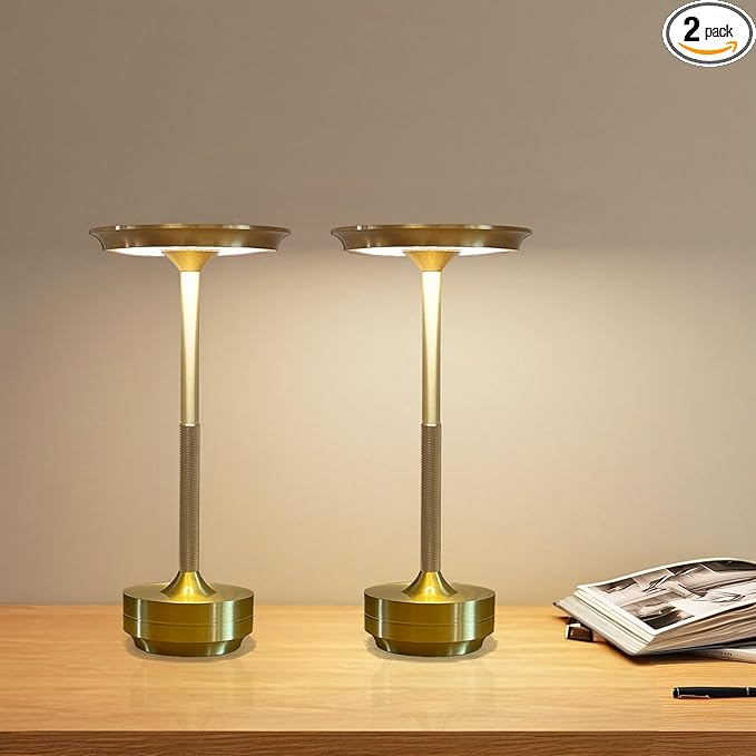 Ecolume Cordless Table Lamp,LED Portable Battery Operated Lamp, Dimmable Stepless 3-Color LED with Memory Function. Portable for Home Office/Dinner/Restaurant/Living Room.(Gold&2Pack)