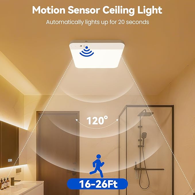 KINDEEP Battery Operated Ceiling Light: Wireless Closet Light Motion Sensor, Cordless Rechargeable Shower Light, for Bathroom, Garage, Hallway, 3 Color Temperatures Dimmable, White Shade 1Pack