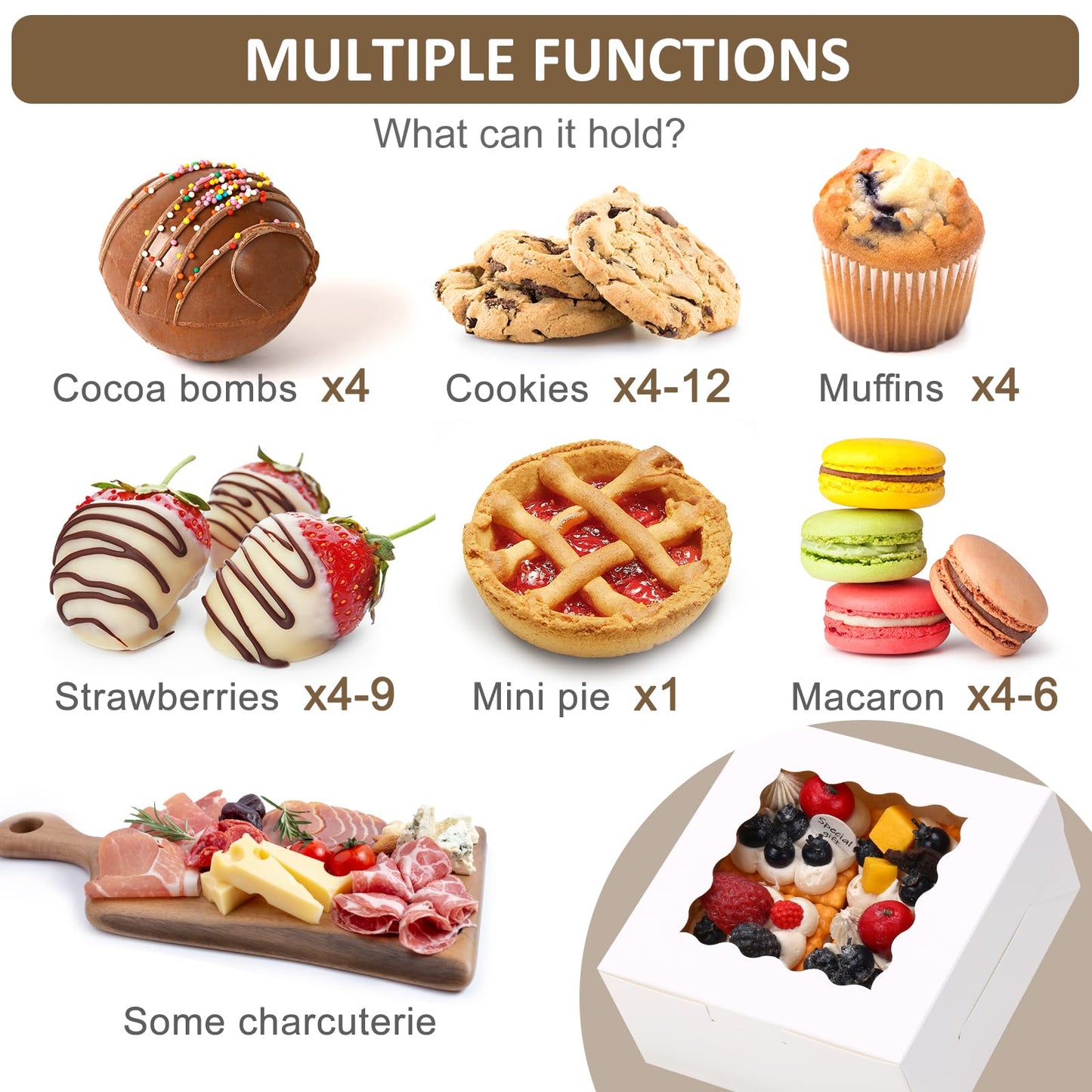 Moretoes 80pcs 6x6x3 Inches Bakery Boxes, Cookie Boxes with Window, Small Treat Containers for Pastries, Chocolate Covered Strawberries, Macarons, Cupcakes, Goodies, Donuts,White