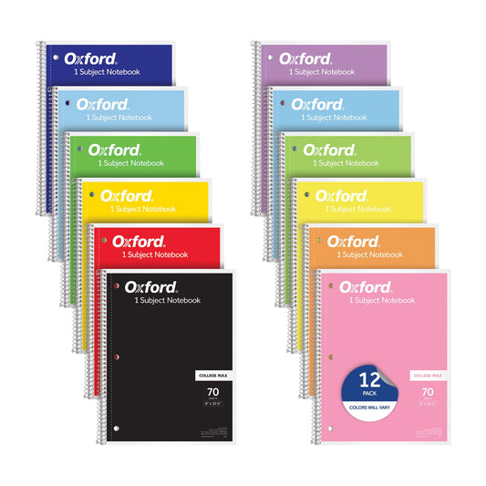 Oxford Spiral Notebooks, 12 Count Bulk Pack, 1 Subject, College Ruled Notebooks for School, 8 x 10.5 Inches, 70 Sheets, Assorted Colors, Back to School Supplies (65205)