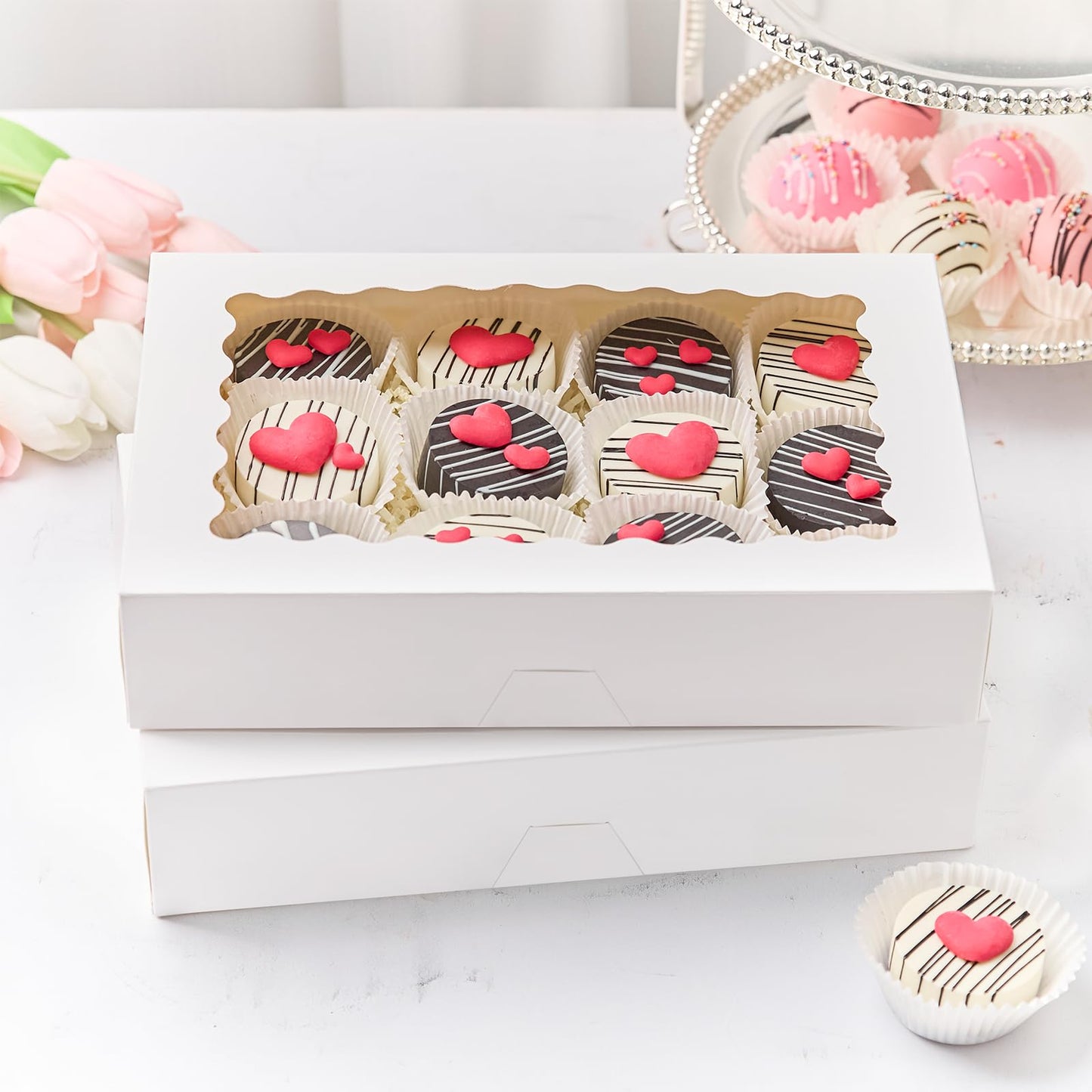 Kucoele 20 PCS Bakery Boxes with Window, 12 x 8 x 2.5 Inches Pastry Boxes Auto-Popup Treat Boxes for Chocolate Covered Strawberries, Cookies, Muffins, Donuts, Breakable Hearts