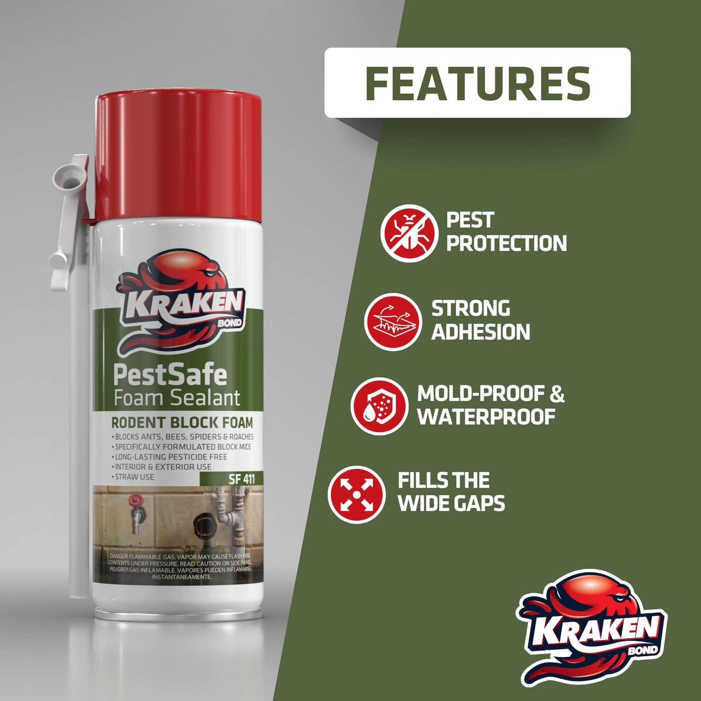 Kraken Bond Pestblokc Spray Foam Sealant - (12x12oz) Polyurethane Expanding Foam Sealant for Gaps & Cracks with Mothball Odor, Straw-Application, Paintable Foam Filler for Wall Holes - 12 Pack